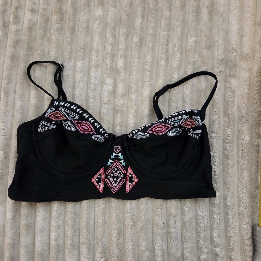 Xhiliaration Women's Black Multi Bikini Top Large tribal-inspired embroidery